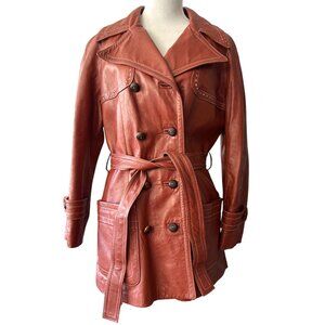 24K Leather by dan di modes vintage 70s brown leather belted trench coat sz S*